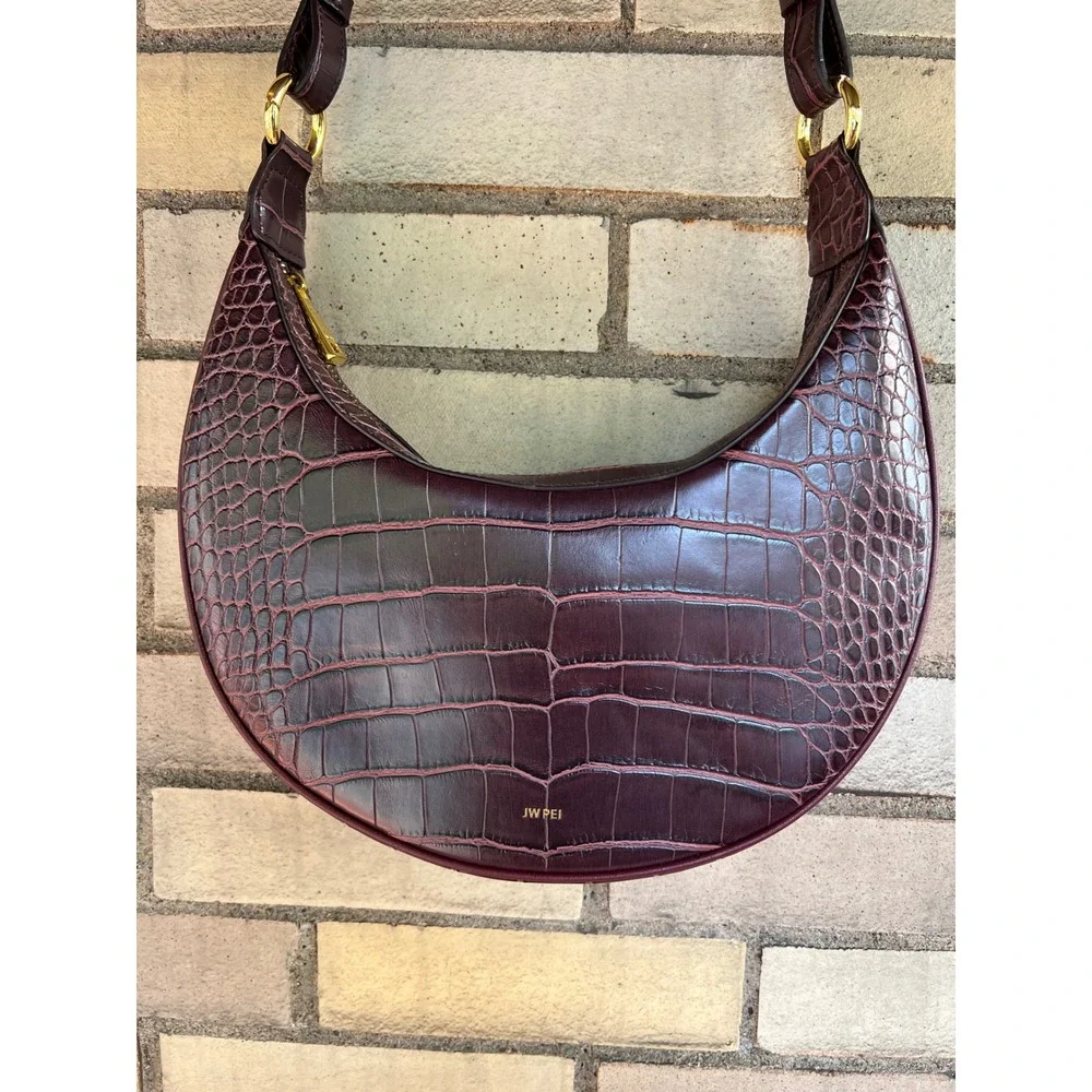 JW PEI Carly Saddle Bag Brown Croc Embossed Vegan Leather Shoulder Bag Purse